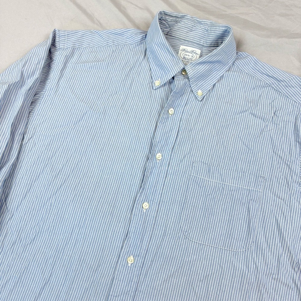 Brooks Brothers Button Down Shirt Mens 15.5-3 Blue Pinstripe Relaxed Fit Makers